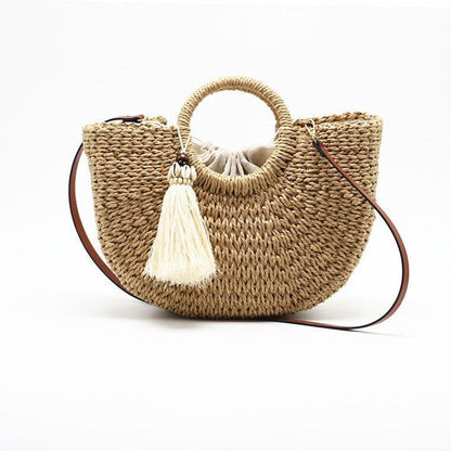 Straw Bag Spring/Summer Casual Round Handle Thick Woven Shopping Bag 36*23*11 CM