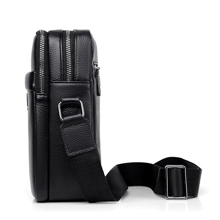 100% Genuine Leather Men's Double Zipper Sling Shoulder Messenger Bag Crossbody