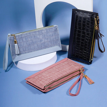Top PU Leather Double Zip Wallet, Crocodile Print Phone Bag Fashion Clutch Bag