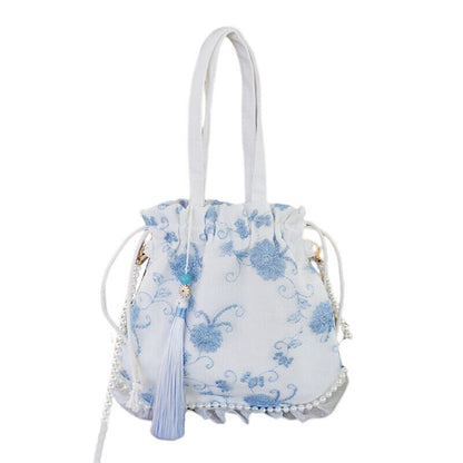 Pearl Floral Hanfu Bag Ancient Purse Embroidery Ruffle Drawstring Handbag Wallet
