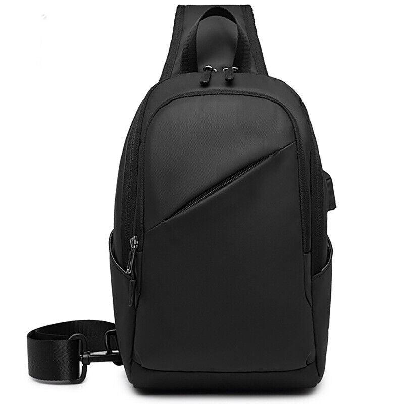 Mens Black Sling Backpack Oxford cloth Waterproof Crossbody Bag USB Port Outdoor