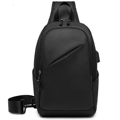 Mens Black Sling Backpack Oxford cloth Waterproof Crossbody Bag USB Port Outdoor