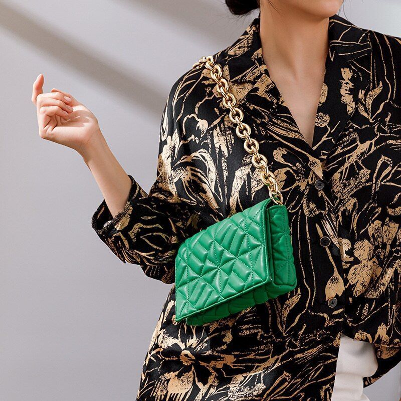 Handbag Green Small Flap Shoulder Bag Chain Clutch Bags Polyester Square Purse