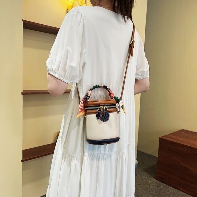 New Bucket Bag For Women Colorful Scarf Crossbody PU Leather Shoulder Bag Gift