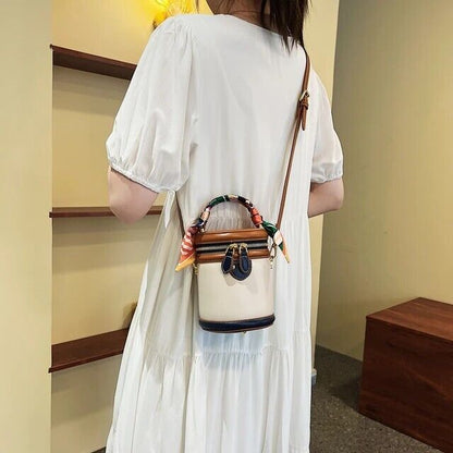 New Bucket Bag For Women Colorful Scarf Crossbody PU Leather Shoulder Bag Gift