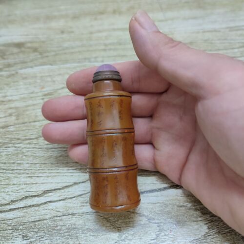 Old Peking Chinese Carved Stone Snuff Bottle Shoushan bamboo Statue Calligraphy