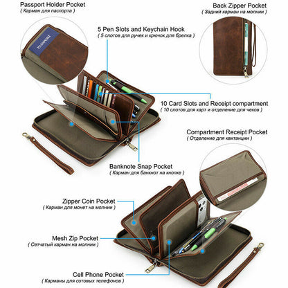 Men Leather Clutch Bag Wallet Zipper Purse Money Card Passport Pens Coins Holder