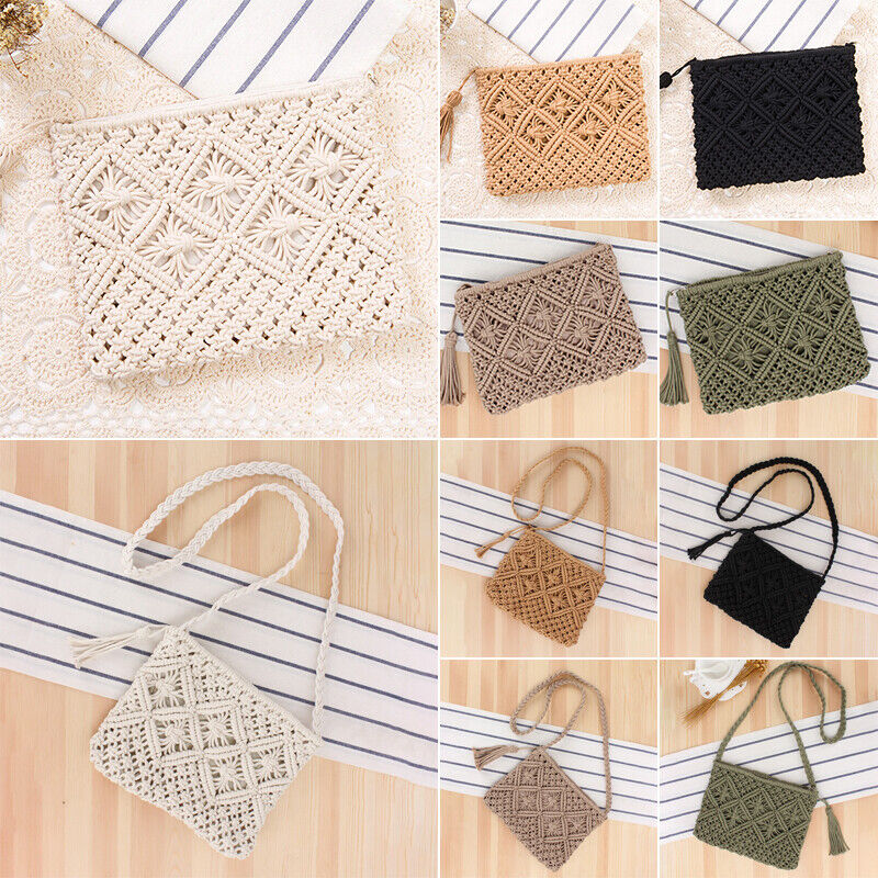Boho Woven Handbag Women Summer Beach Cotton Tassel Bag Rattan Shoulder Ladies