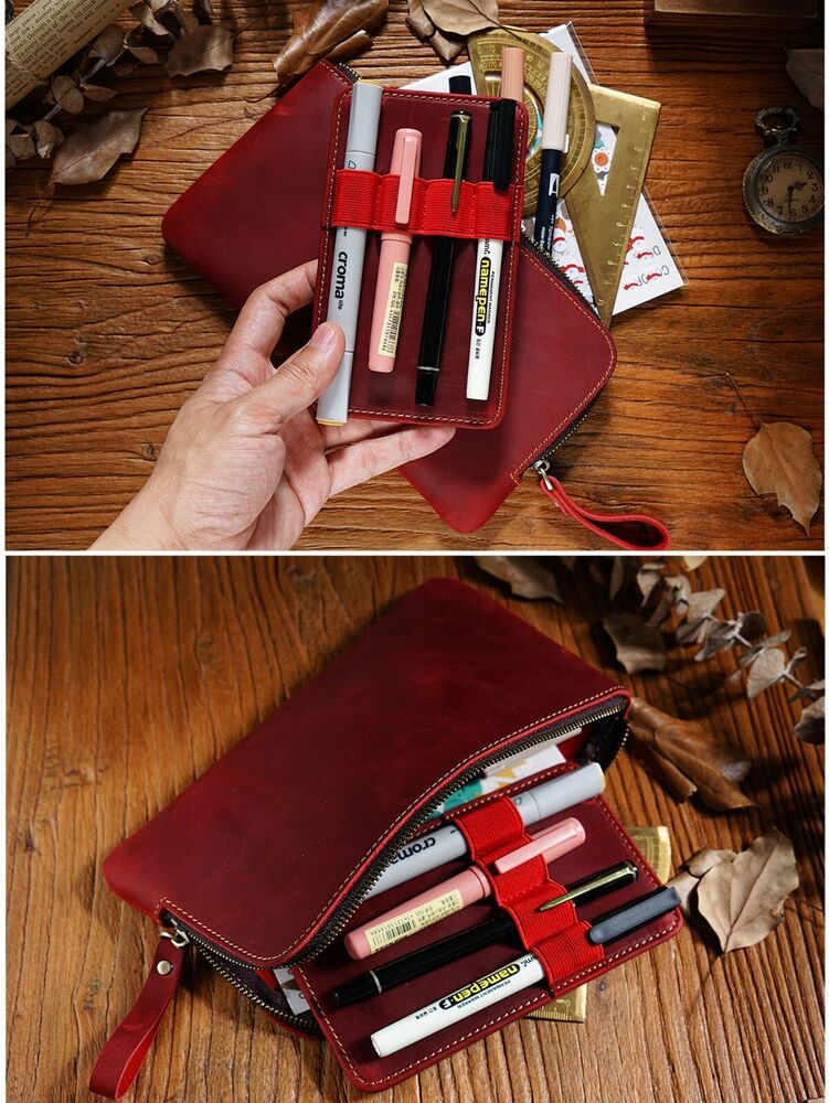 Handmade Cowhide Leather Pen/Pencil Case, Larege Capacity Stationery Storage Bag
