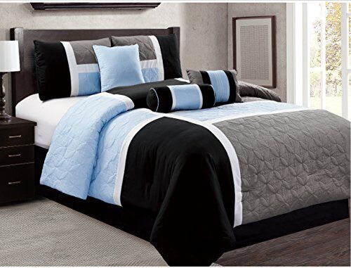 7 Piece Luxury Bed in Bag Comforter Set - 20617 Queen, Grey / Blue / Black