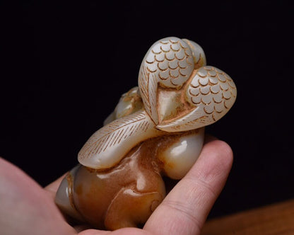 Chinese Old Natural Hetian Jade Hand Carved Eagle Bear Statue Figurines Art Rare
