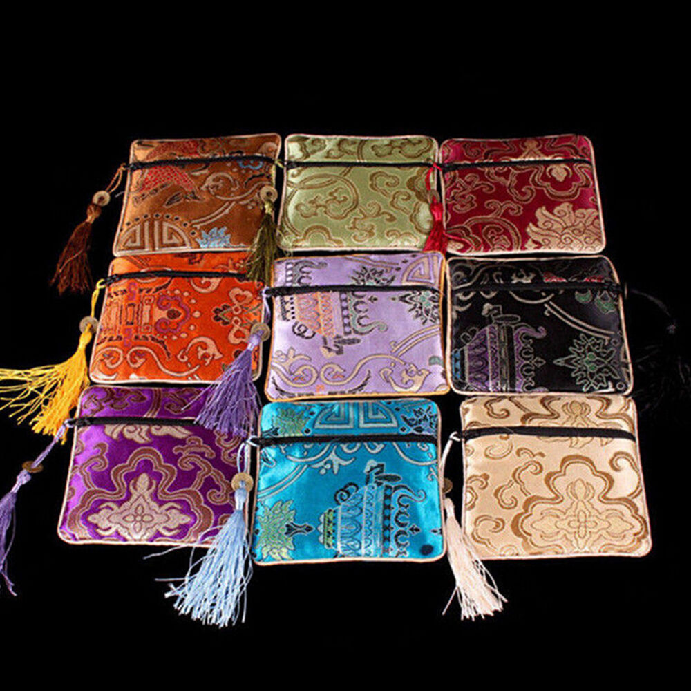 10PCS Mix Colors Chinese Zipper Coin Tassel Silk Square Jewelry Bags Pouch-ca