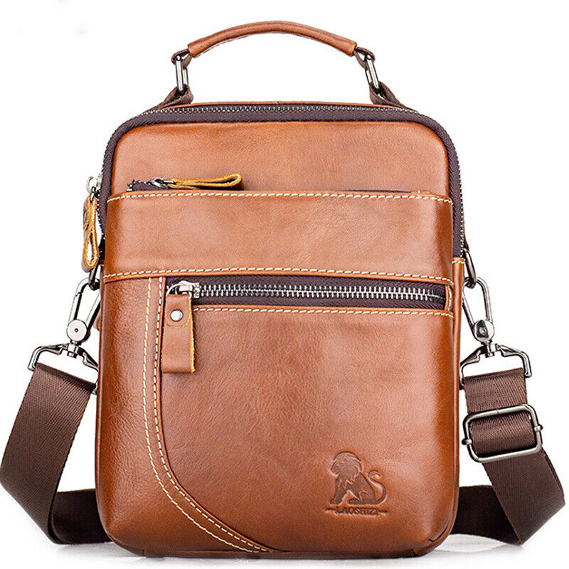 100% Genuine Leather Men's Sling Shoulder/Messenger Bag Double Zipper 8" Handbag