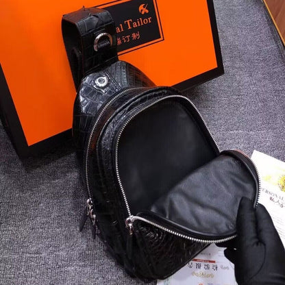 Original Crocodile Skin Leather Crossbody Bag, Men's Luxury Black Sling Backpack
