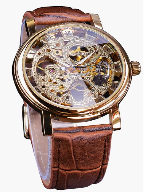 Men's Watches Skeleton Mechanical Hand Wind Watch Leather Strap Fathers Gift Son