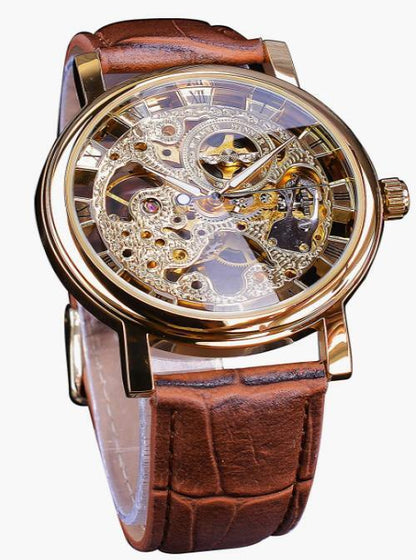 Men's Watches Skeleton Mechanical Hand Wind Watch Leather Strap Fathers Gift Son