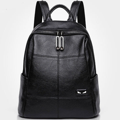 Women's Backpack Genuine Leather Black Zipper Travel Backpack College Bag