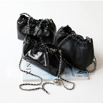 Small Mini Ruched Real Leather Clutch Pouch Purse Shoulder Bag w/ Chain Fashion