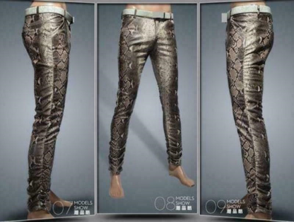 New mens slim fit pencial faux leather snakeskin Pattern prints pants trousers @