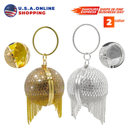 Women Fashion Round Crystal Ball Tassel Ladies Party Festive Wedding Clutch Bag