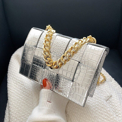 Pattern Pu Leather Bag Women Gold Chain Woven Square Bag Evening Party Clutch