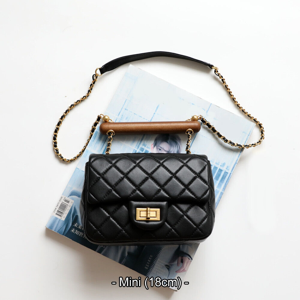 Small Mini Quilted Lambskin Leather Wood Handle Bag Flap Shoulder Purse w/ Chain