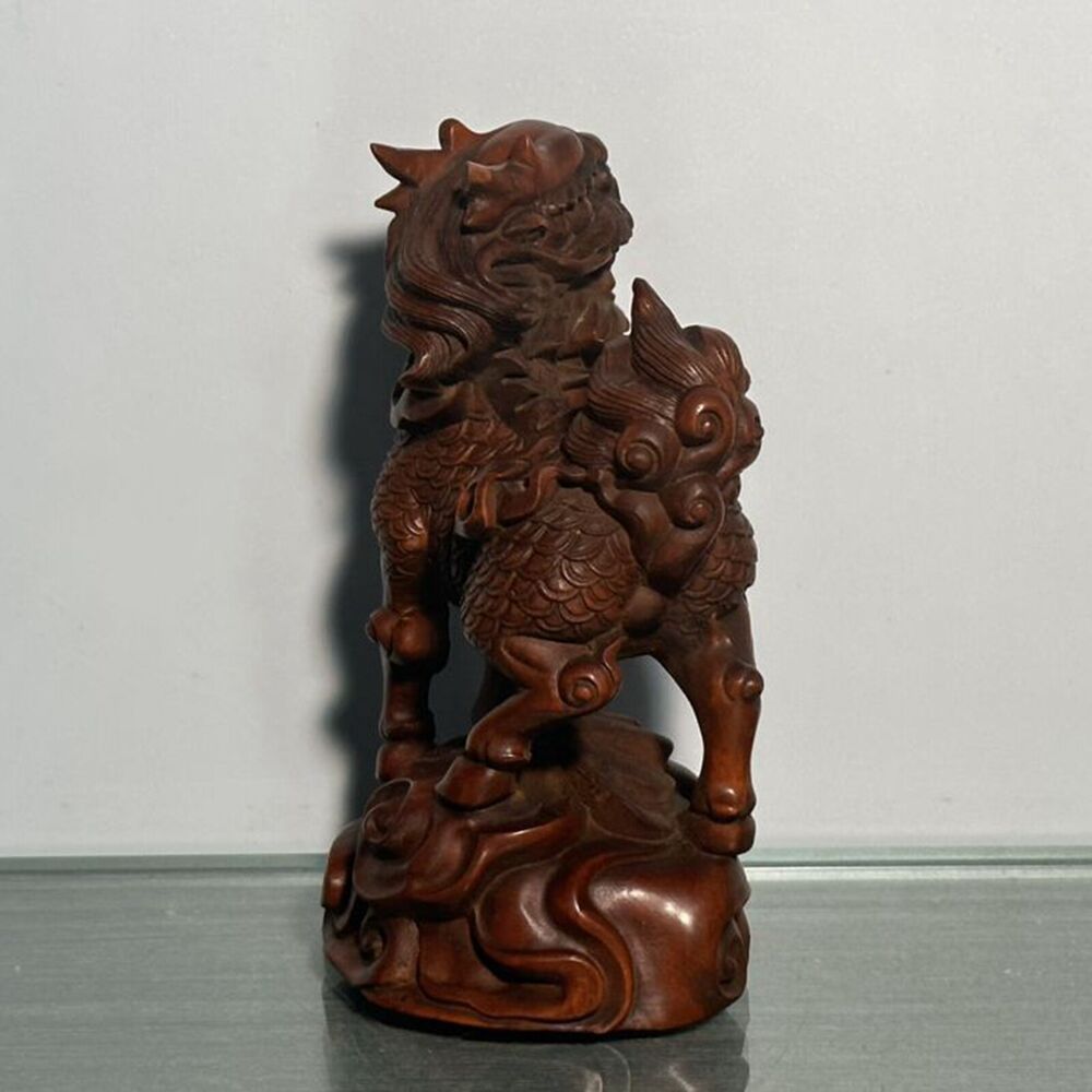 Chinese Boxwood Carving Unicorn Statue Decoration Woodwork Figurines Craft Gift