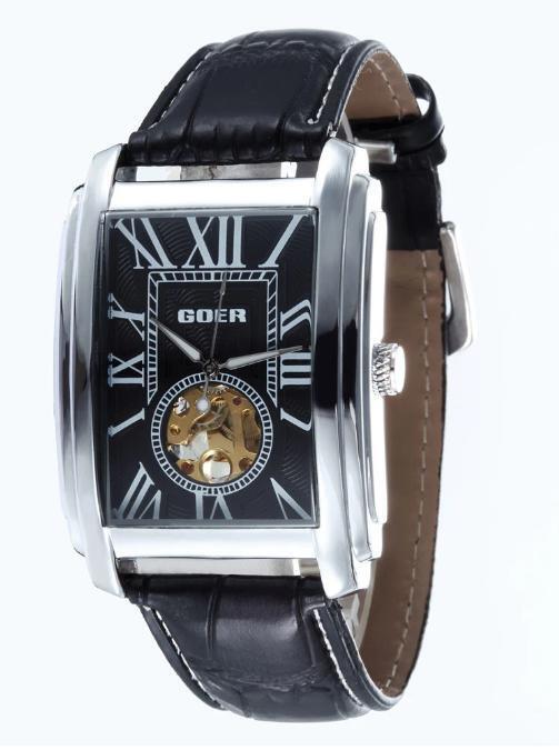 Retro Men's Watch Automatic Mechanical Wrist Watch Skeleton Leather Rectangle