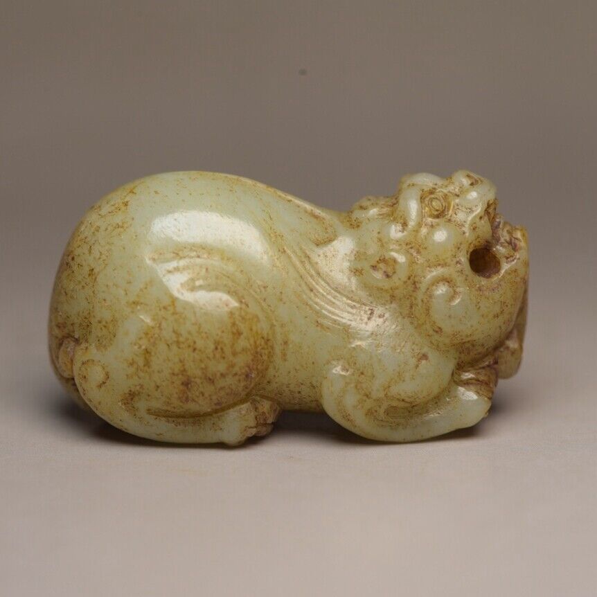 Chinese Vintage Antique Hetian Jade Carved Auspicious Beast Statue Lucky Pendant