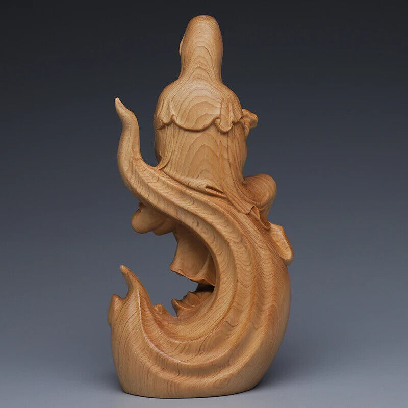 Wood Carving Flame Guanyin Decorative Statue Chinese Feng Shui Bedroom Figurines
