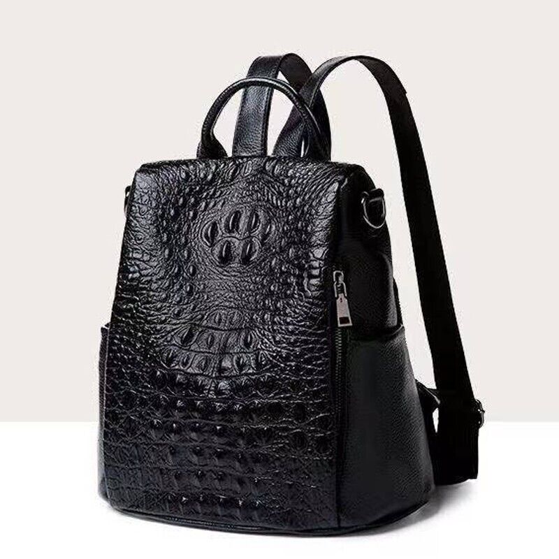 Soft Leather Black Backpack, Desinger Crocodile Print Women's Travel Bag School