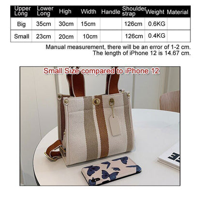 Tote Bag Stripe Canvas Handbag Women Wide Shoulder Bag Female Shoulder Bag