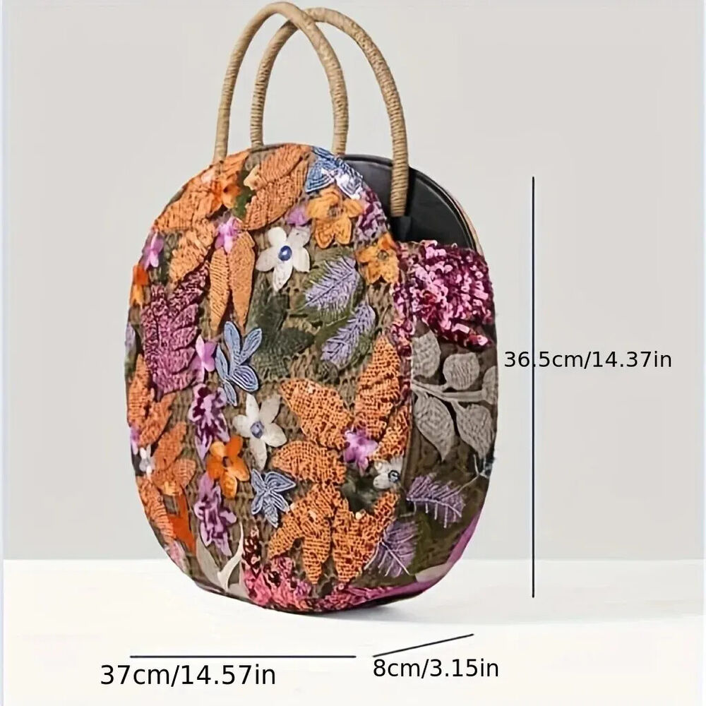 Women Floral Sequins and Straw Tote Bag Round Handbag Vacation,Travel,Party