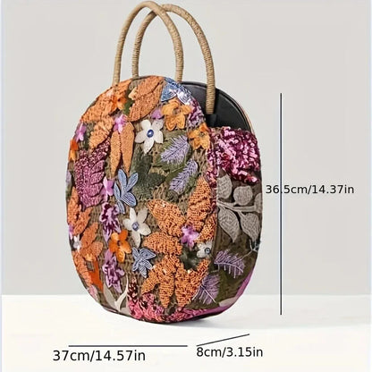 Women Floral Sequins and Straw Tote Bag Round Handbag Vacation,Travel,Party