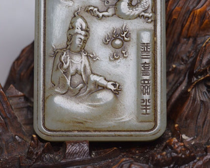 Chinese Old Natural Hetian Jade Carved Dragon Kwan Yin Statues Good Luck Pendant