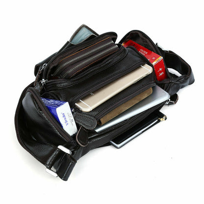 Coffee Men Real Cow Leather Small Belt Bum Bag Waist Fanny Pack Sport Backpack