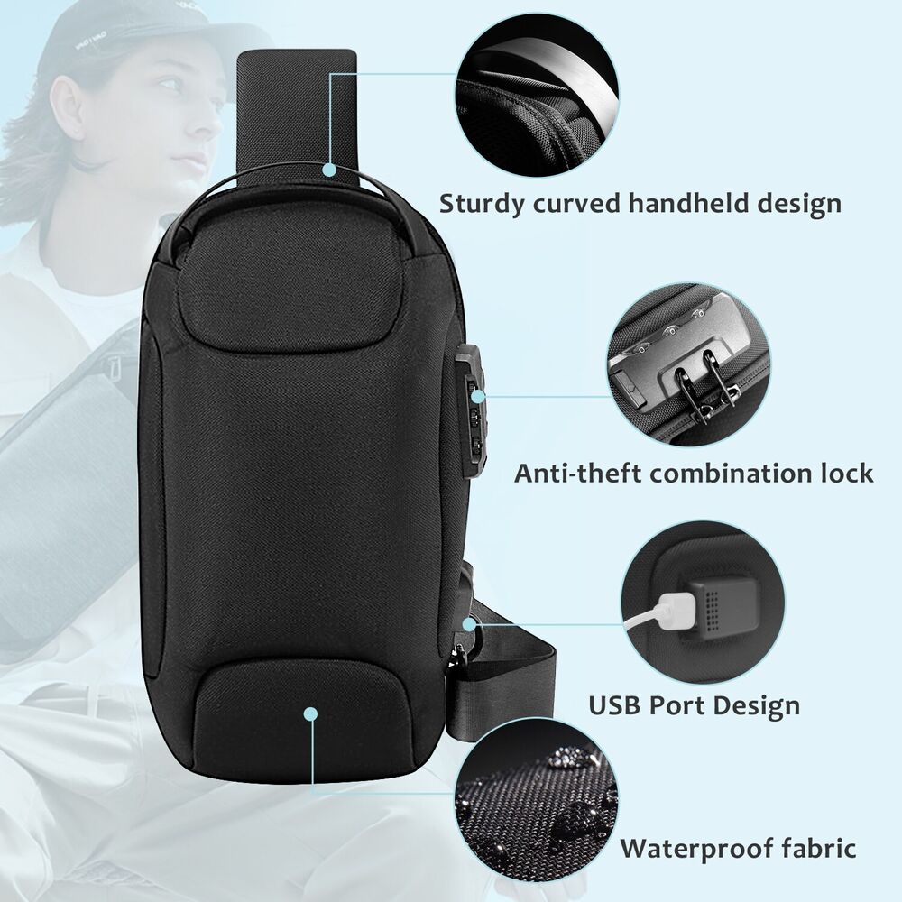 Men's Crossbody Bag Sling Bag Chest Shoulder Backpack Fanny Pack w/ USB Charging