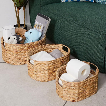 Woven Wicker Basket Storage Built-In Handles Rattan Shelves Organizer 3 Pcs