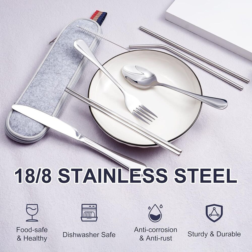 Stainless Steel Cutlery Set for Trip Camping Portable Case Utensils 8 Pieces