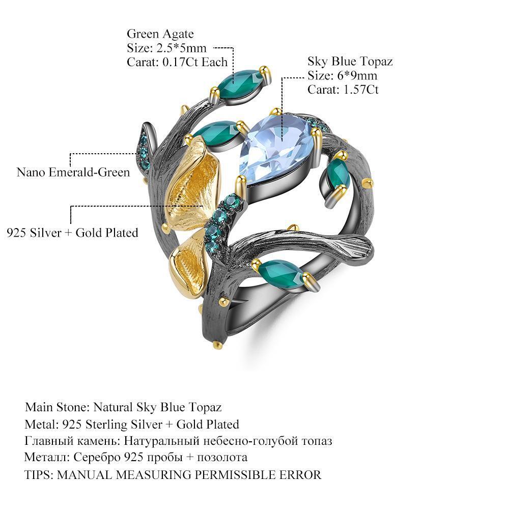 Natural Blue Topaz 2.29ct Handmade 925 Sterling Silver Butterfly on Branch Ring