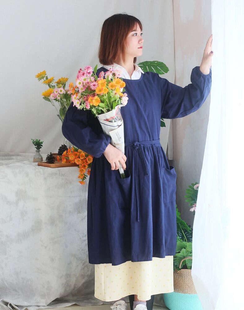 Women Apron Cotton Waterproof Reversible With Long Sleeves Cooking Cleaning Wear
