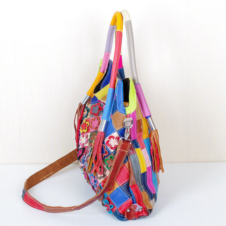 100% Genuine Leather Colorful Floral Patchwork Handbag Women's Tote Shoulder Bag