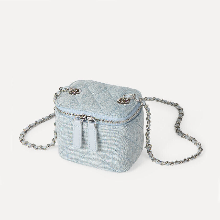 Mini Quilted Denim Shoulder Bag Vanity Case Purse Box Clutch Crossbody w/ Chain