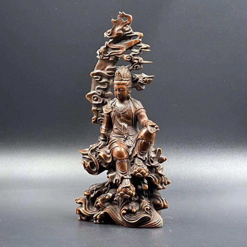 Chinese Boxwood Carving Kwan Yin Statue Woodwork Sculptures Home Decor Artwork