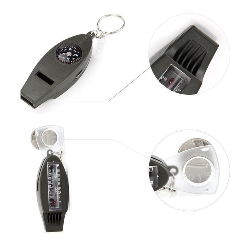 4in1 Outdoor Survival Keychain Compass Thermometer Magnifier Emergency Whistle