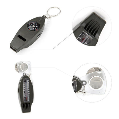 4in1 Outdoor Survival Keychain Compass Thermometer Magnifier Emergency Whistle
