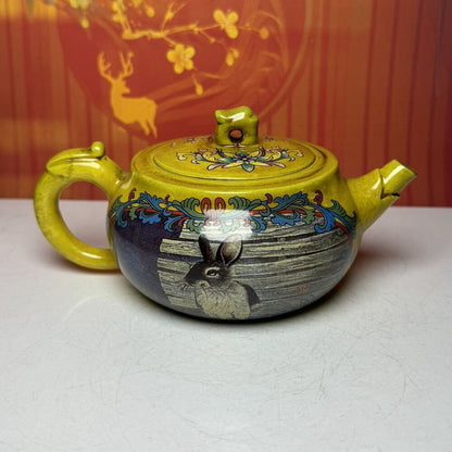 Vintage China Yixing Purple Clay Teapot Zisha Ceremony Enamel Animal Tea Set Art