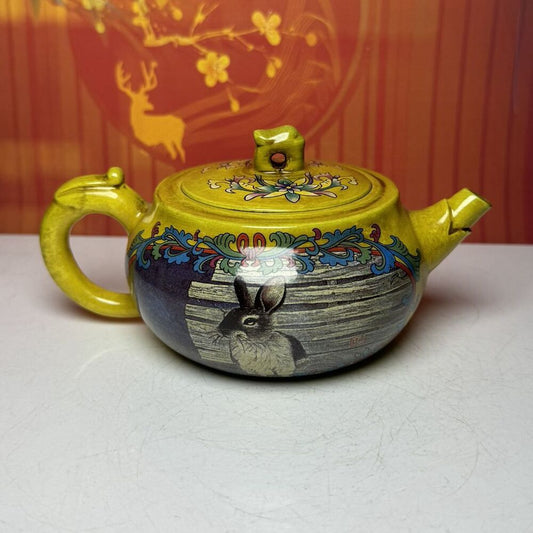 Vintage China Yixing Purple Clay Teapot Zisha Ceremony Enamel Animal Tea Set Art