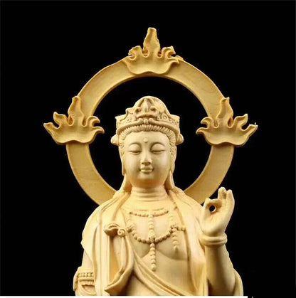 23CM Boxwood Carving Wood Crafts Real Wood Buddha Statue Gifts Guanyin Sculpture