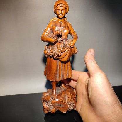 vintage wood carving Boxwood wooden sculpture happy farmer big harvest Figurine
